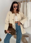 Körüklü Cep Detaylı Yağmur Gabardin Ceket Krem
