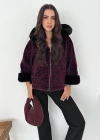 Leopar Desen Kapşonlu Kürk Mont Mor