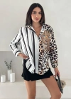 Leopar Taş Baskılı Yarısı Çizgili Gömlek