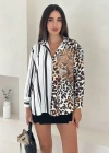 Leopar Taş Baskılı Yarısı Çizgili Gömlek