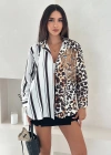 Leopar Taş Baskılı Yarısı Çizgili Gömlek