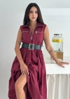 Paraşüt Kumaş Kemerli Elbise Bordo