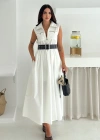 Paraşüt Kumaş Kemerli Elbise Beyaz