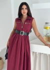 Paraşüt Kumaş Kemerli Elbise Bordo