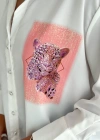 Pembe Aslan Desen Baskılı Taşlı Gömlek