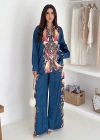 Saten Kumaş Desenli Takım Lacivert