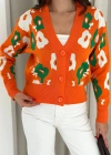 Uzun Kollu Çiçek Desenli Triko Hırka Turuncu