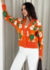 Uzun Kollu Çiçek Desenli Triko Hırka Turuncu