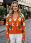 Uzun Kollu Çiçek Desenli Triko Hırka Turuncu
