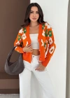 Uzun Kollu Çiçek Desenli Triko Hırka Turuncu