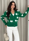 Uzun Kollu Çiçek Desenli Triko Hırka Yeşil