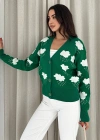 Uzun Kollu Çiçek Desenli Triko Hırka Yeşil