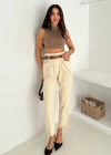 Yıkamalı Pamuk Yağmur Gabardin Yüksek Bel Pantolon Bej