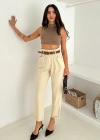 Yıkamalı Pamuk Yağmur Gabardin Yüksek Bel Pantolon Bej