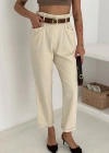 Yıkamalı Pamuk Yağmur Gabardin Yüksek Bel Pantolon Bej