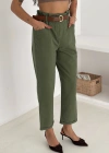 Yıkamalı Pamuk Yağmur Gabardin Yüksek Bel Pantolon Haki