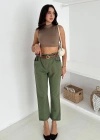 Yıkamalı Pamuk Yağmur Gabardin Yüksek Bel Pantolon Haki