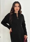 Yuvarlak Yaka Yakası Fermuarlı Uzun Kol Triko Elbise Siyah