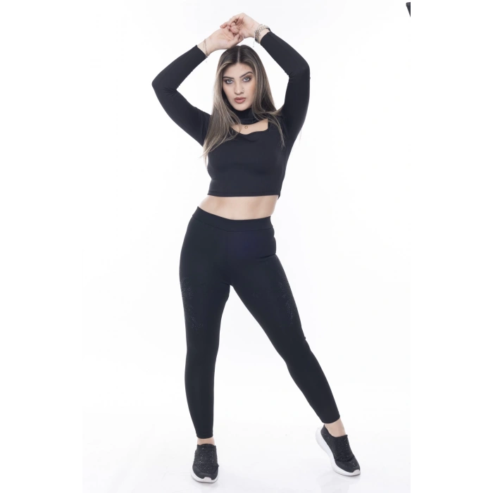 Kadın Siyah Beli Lastikli Yanı Taş İşlemeli Toparlayıcı Tayt