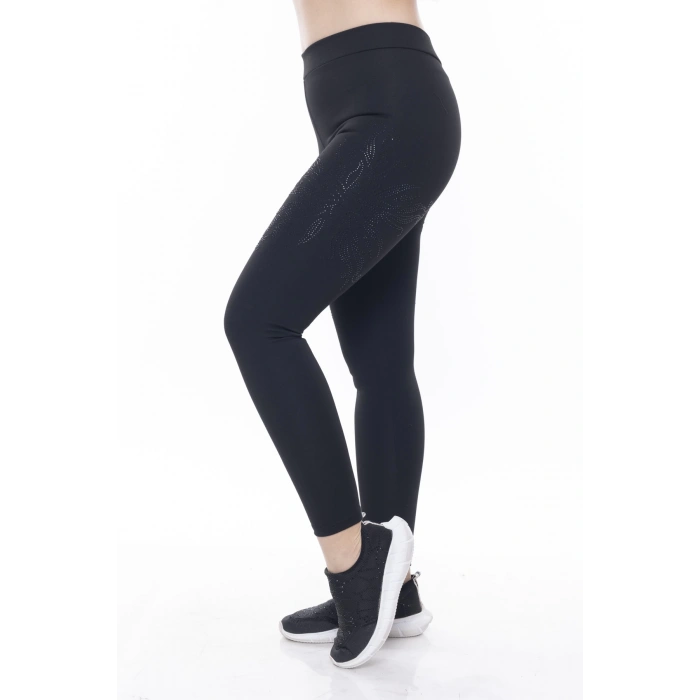 Kadın Siyah Beli Lastikli Yanı Taş İşlemeli Toparlayıcı Tayt