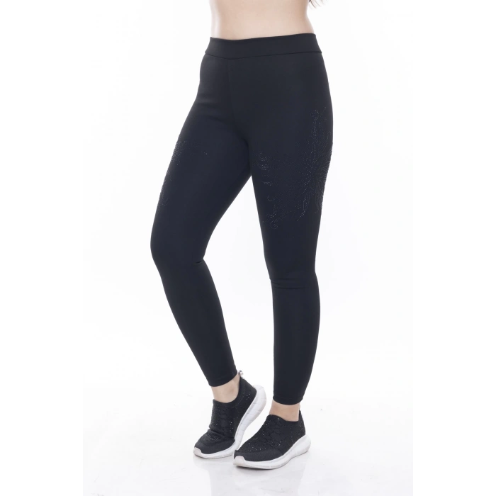 Kadın Siyah Beli Lastikli Yanı Taş İşlemeli Toparlayıcı Tayt