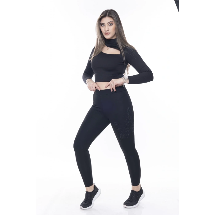 Kadın Siyah Beli Lastikli Yanı Taş İşlemeli Toparlayıcı Tayt