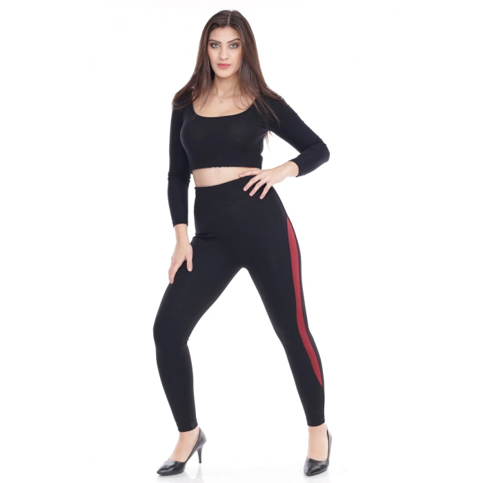 Kadın Siyah Beli Lastikli Yanı Şeritli Toparlayıcı Tayt