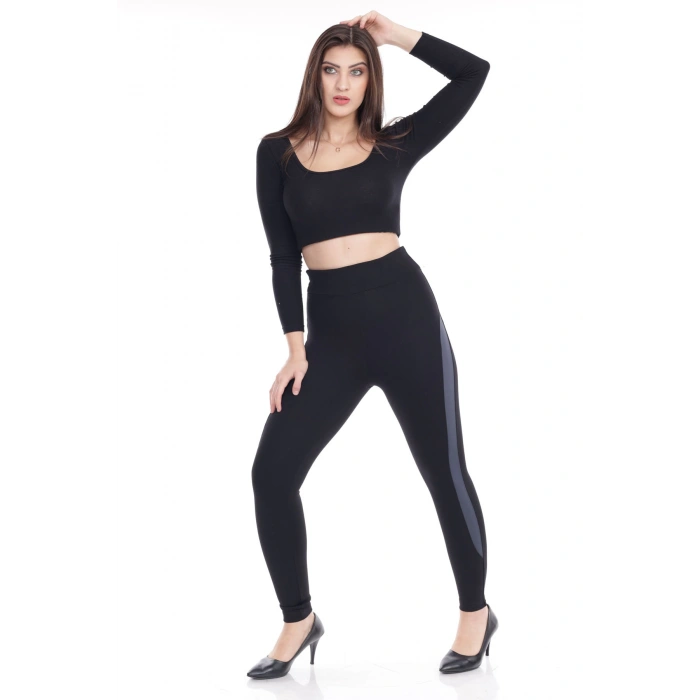 Kadın Siyah Beli Lastikli Yanı Şeritli Toparlayıcı Tayt