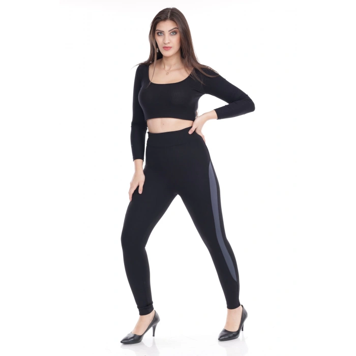 Kadın Siyah Beli Lastikli Yanı Şeritli Toparlayıcı Tayt