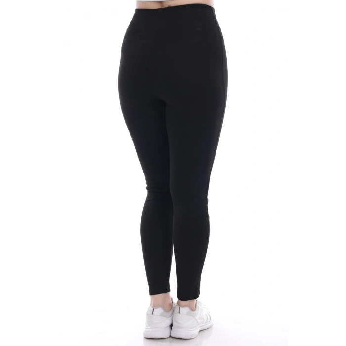 Kadın Siyah Beli Lastikli Önü Deri Şeritli Toparlayıcı Büyük Beden Tayt