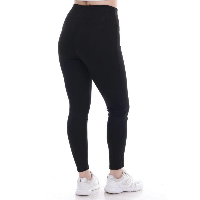 Kadın Siyah Beli Lastikli Önü Deri Şeritli Toparlayıcı Büyük Beden Tayt