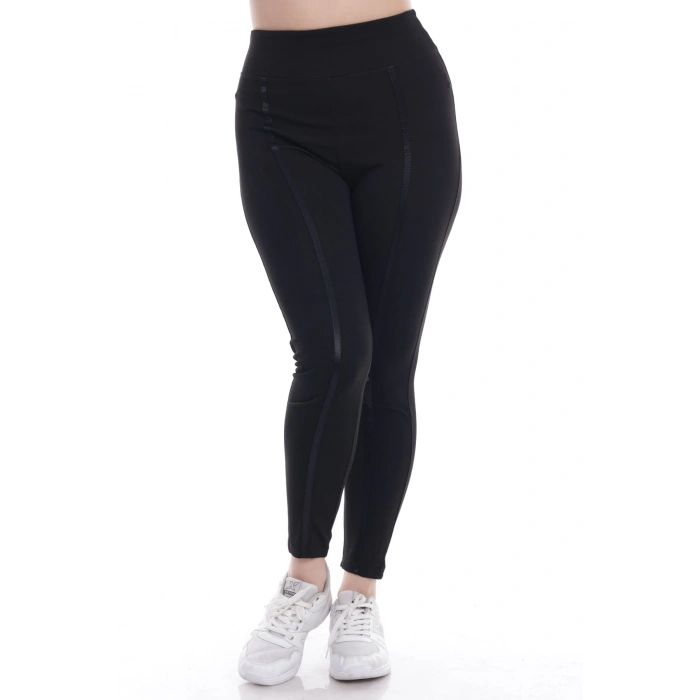 Kadın Siyah Beli Lastikli Önü Deri Şeritli Toparlayıcı Büyük Beden Tayt