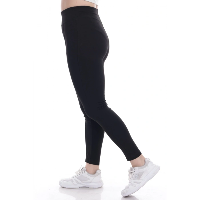 Kadın Siyah Beli Lastikli Önü Deri Şeritli Toparlayıcı Büyük Beden Tayt