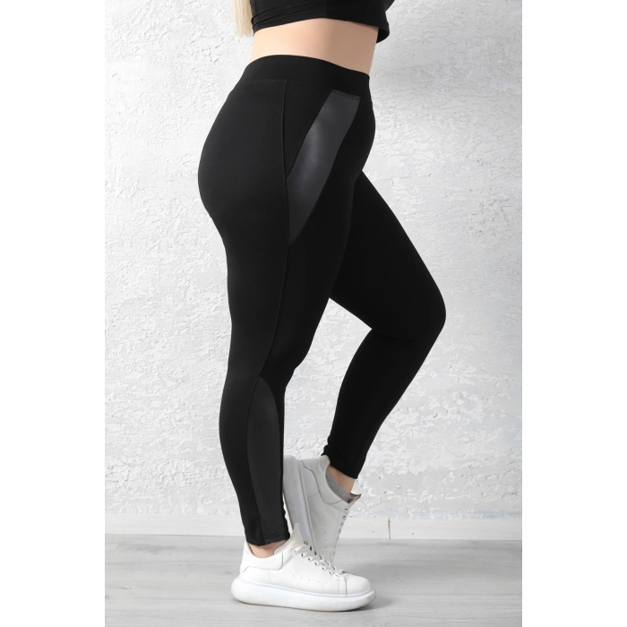 Kadın Siyah Beli Lastikli Yanı Paçası Deri Detaylı Toparlayıcı Büyük Beden Tayt