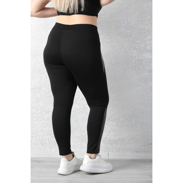 Kadın Siyah Beli Lastikli Yanı Paçası Deri Detaylı Toparlayıcı Büyük Beden Tayt