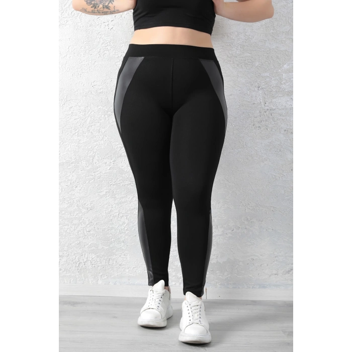 Kadın Siyah Beli Lastikli Yanı Paçası Deri Detaylı Toparlayıcı Büyük Beden Tayt