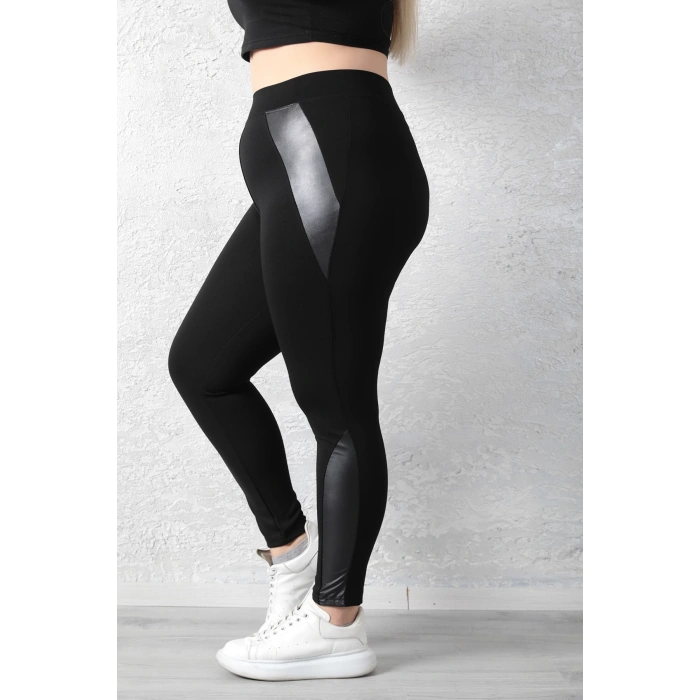 Kadın Siyah Beli Lastikli Yanı Paçası Deri Detaylı Toparlayıcı Büyük Beden Tayt