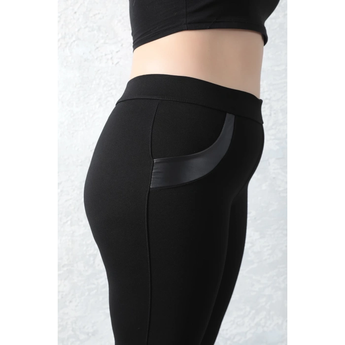 Kadın Siyah Beli Lastikli Deri Sahte Cep Detaylı Toparlayıcı Büyük Beden Tayt