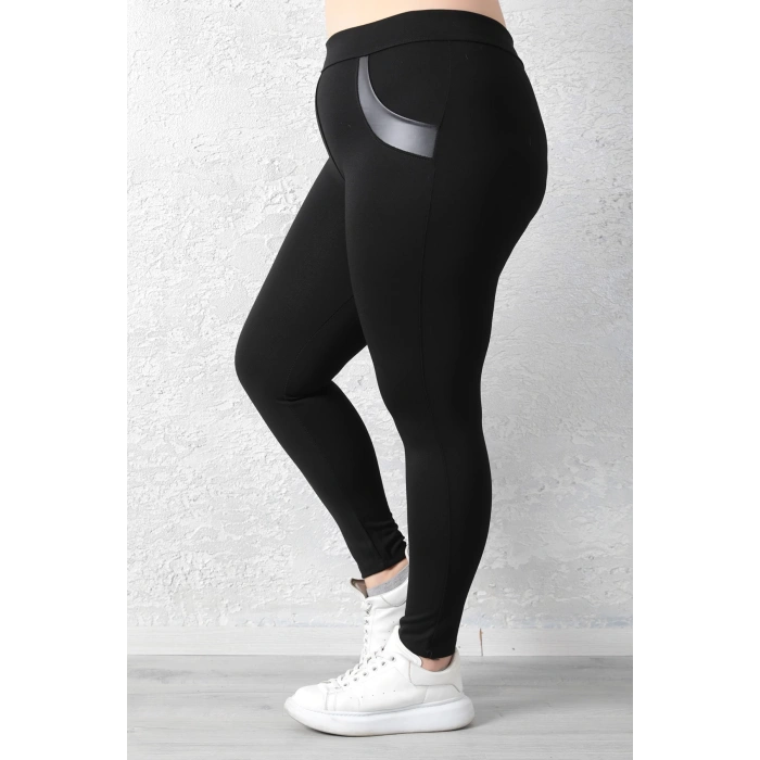 Kadın Siyah Beli Lastikli Deri Sahte Cep Detaylı Toparlayıcı Büyük Beden Tayt