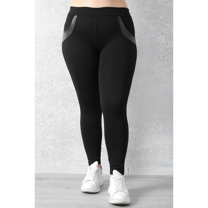 Kadın Siyah Beli Lastikli Deri Sahte Cep Detaylı Toparlayıcı Büyük Beden Tayt