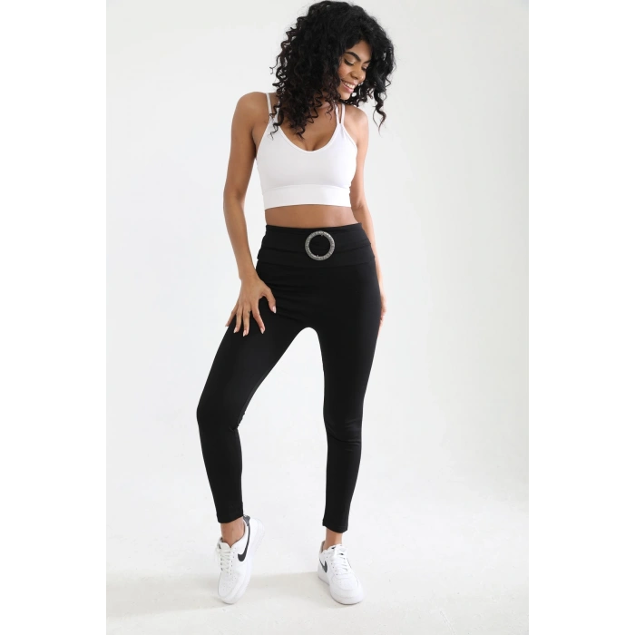 Kadın Siyah Beli Kemerli Toparlayıcı Büyük Beden Tayt