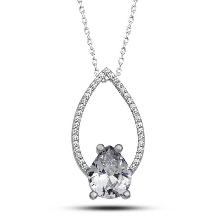 Kadın Gümüş Beyaz Taşlı Damla Kadın Kolye