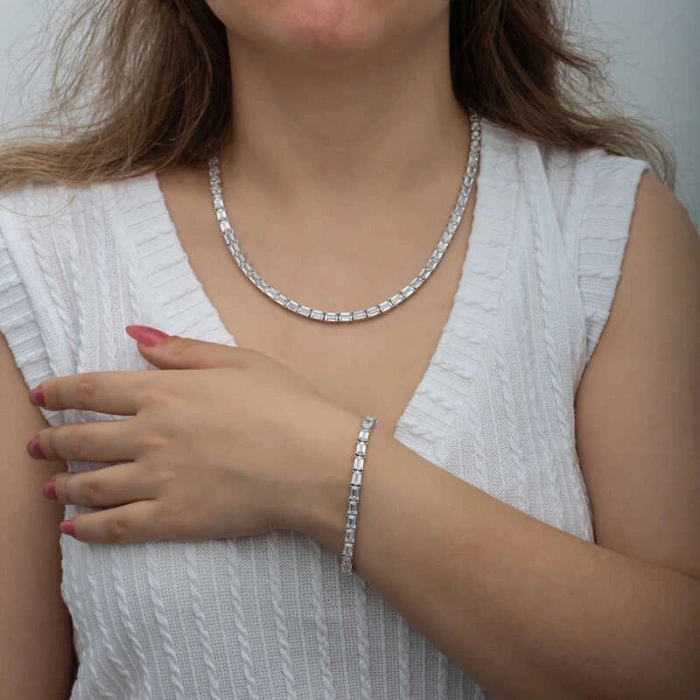 Kadın Gümüş Beyaz Taşlı Su Yolu Kadın Set