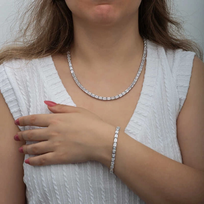 Kadın Gümüş Beyaz Taşlı Su Yolu Kadın Set