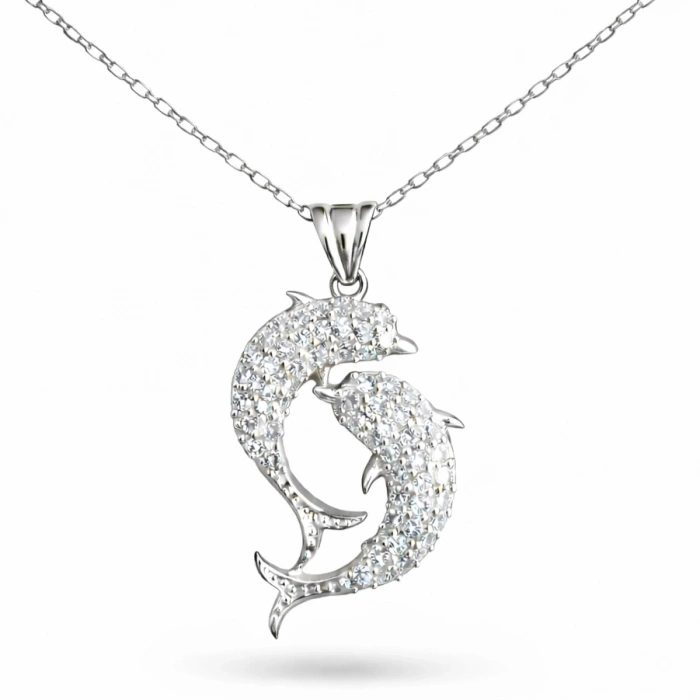 Kadın Gümüş Çift Yunus Balığı Kadın Kolye