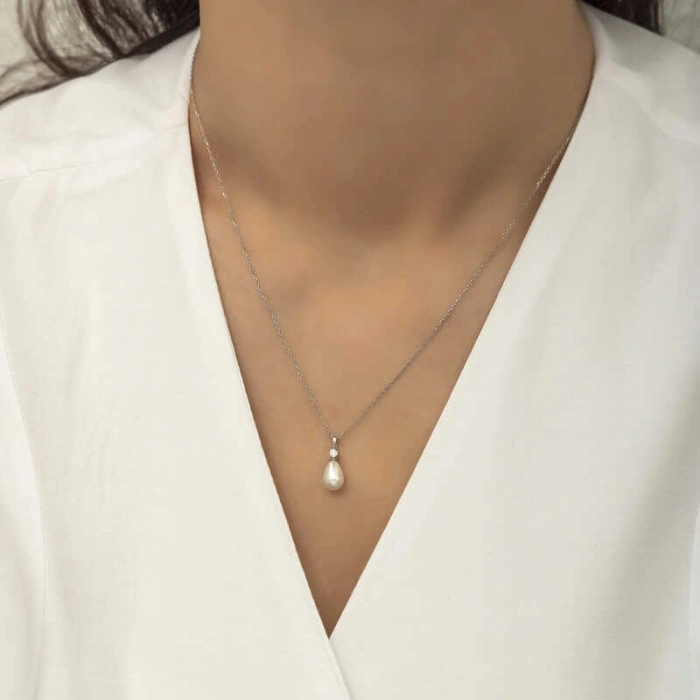 Kadın Gümüş Damla İnci Bayan Kolye