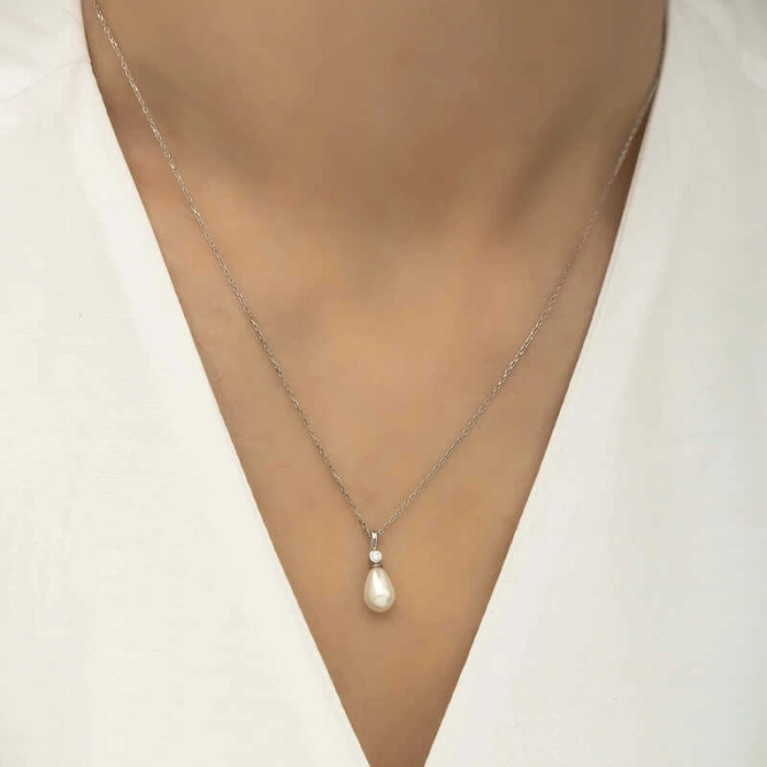 Kadın Gümüş Damla İnci Bayan Kolye