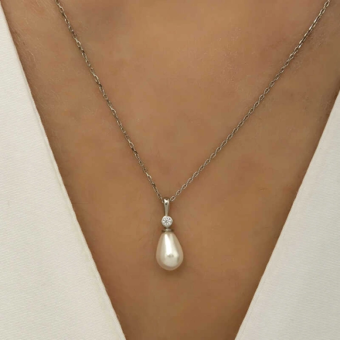 Kadın Gümüş Damla İnci Bayan Kolye