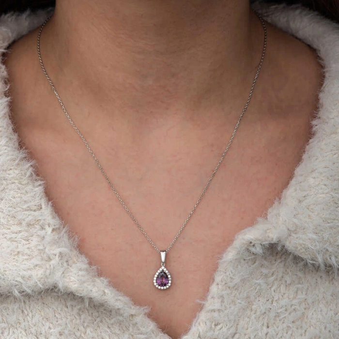 Kadın Gümüş Damla Mor Taşlı Kadın Kolye