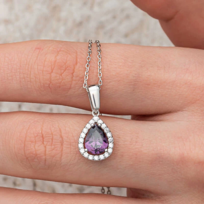 Kadın Gümüş Damla Mor Taşlı Kadın Kolye
